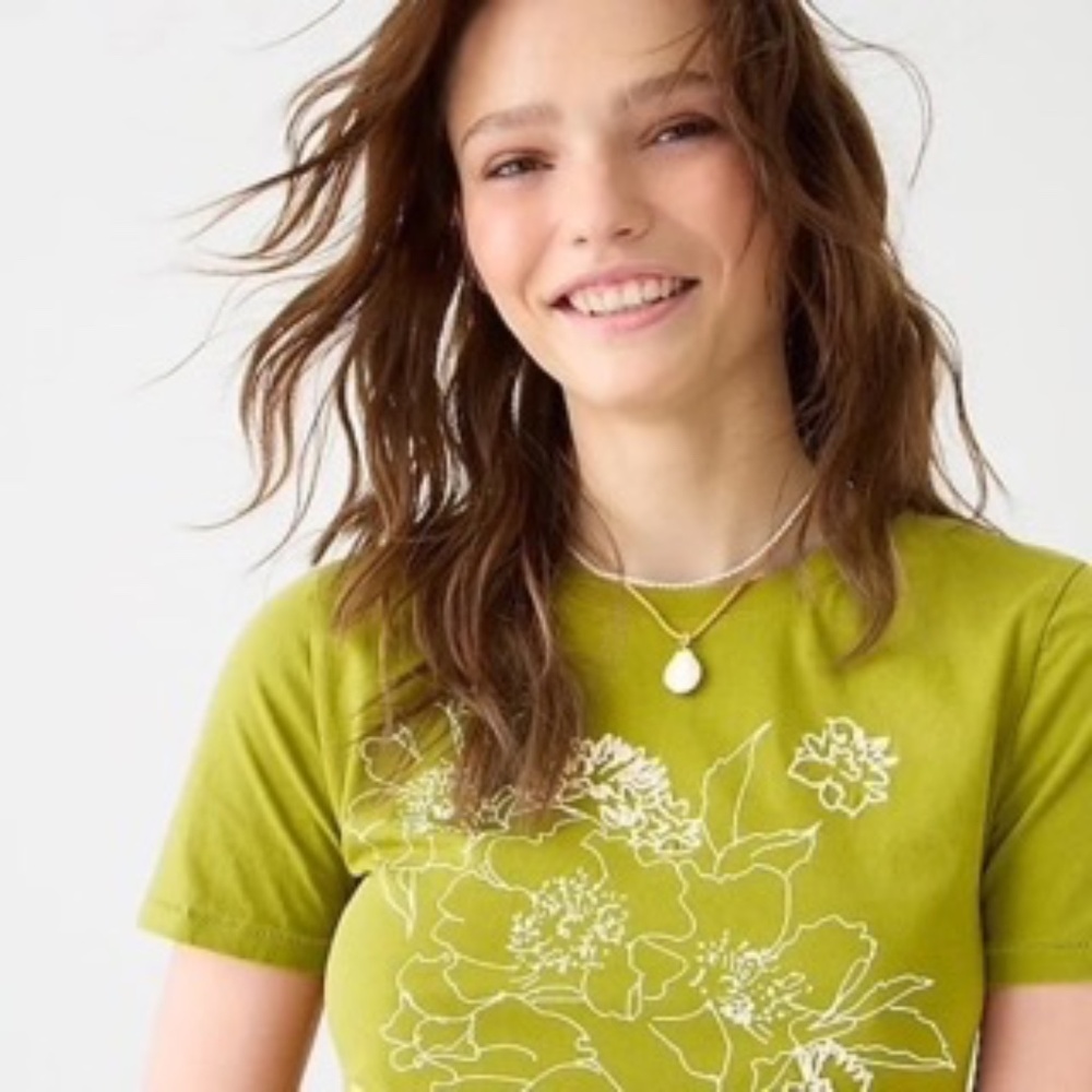 J Crew Embroidered floral T-shirt in Mossy Grove Olive Green